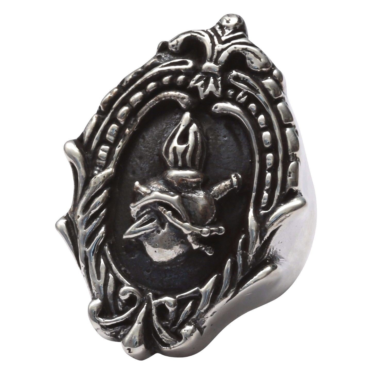 Silver ring with intricate design on a white background