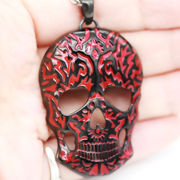 Controse Red Ornate Skull SST Necklace