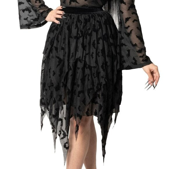 Kreepsville 666 Black Bat Repeat Mesh Tiered Midi Skirt