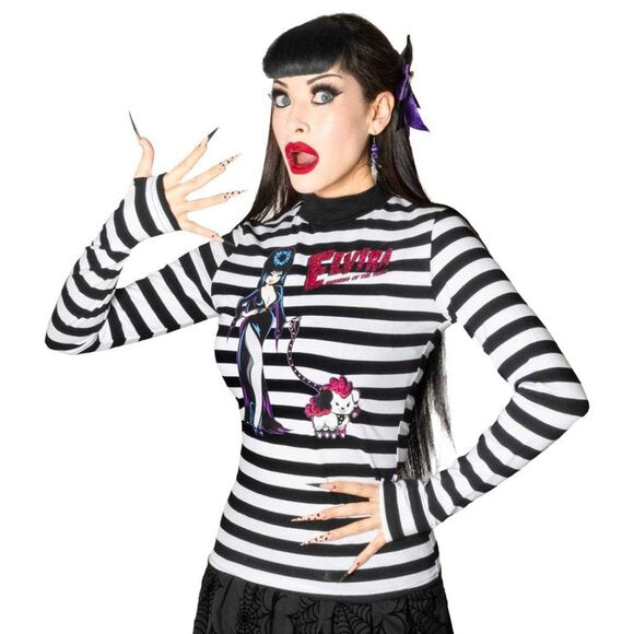 Kreepsville 666 Elvira + Gonk Black White Stripe LS Top