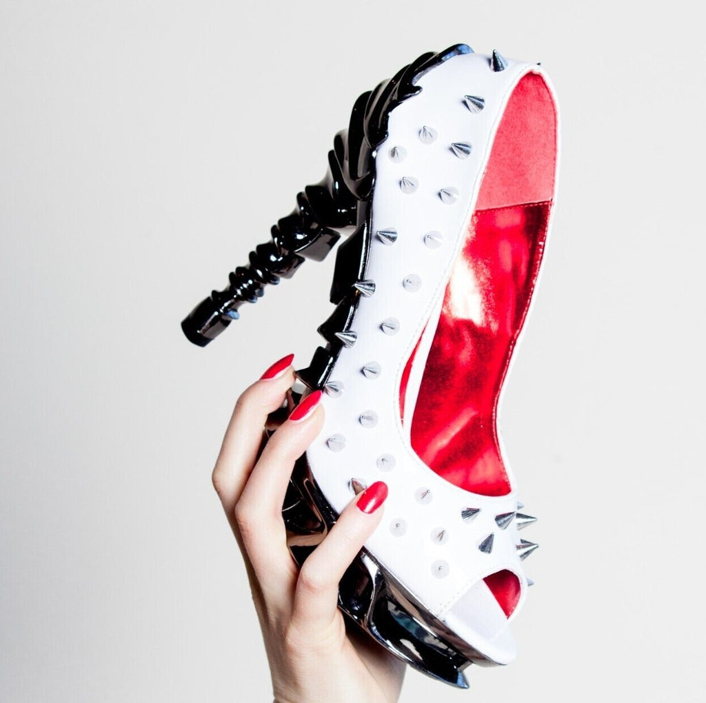 Hades TALON White Spiked Stud 5" Spinal Chrome Heels Peep Toe 6-11