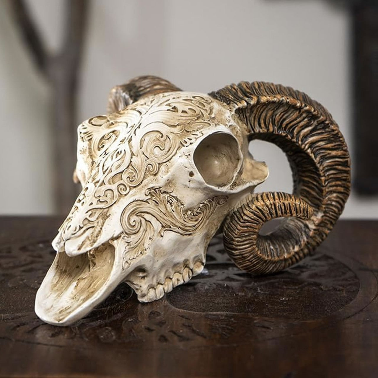 Alchemy Gothic Resin Scrimshaw Ram Skull V53
