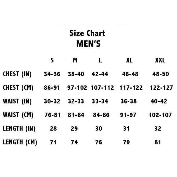 Men's size chart with chest, waist, and length measurements.