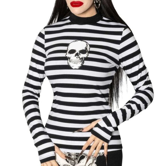 Kreepsville 666 Skull Black White Striped Long Sleeve Top