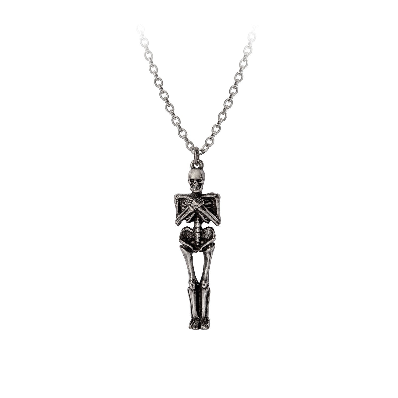Silver skeleton pendant necklace on a white background