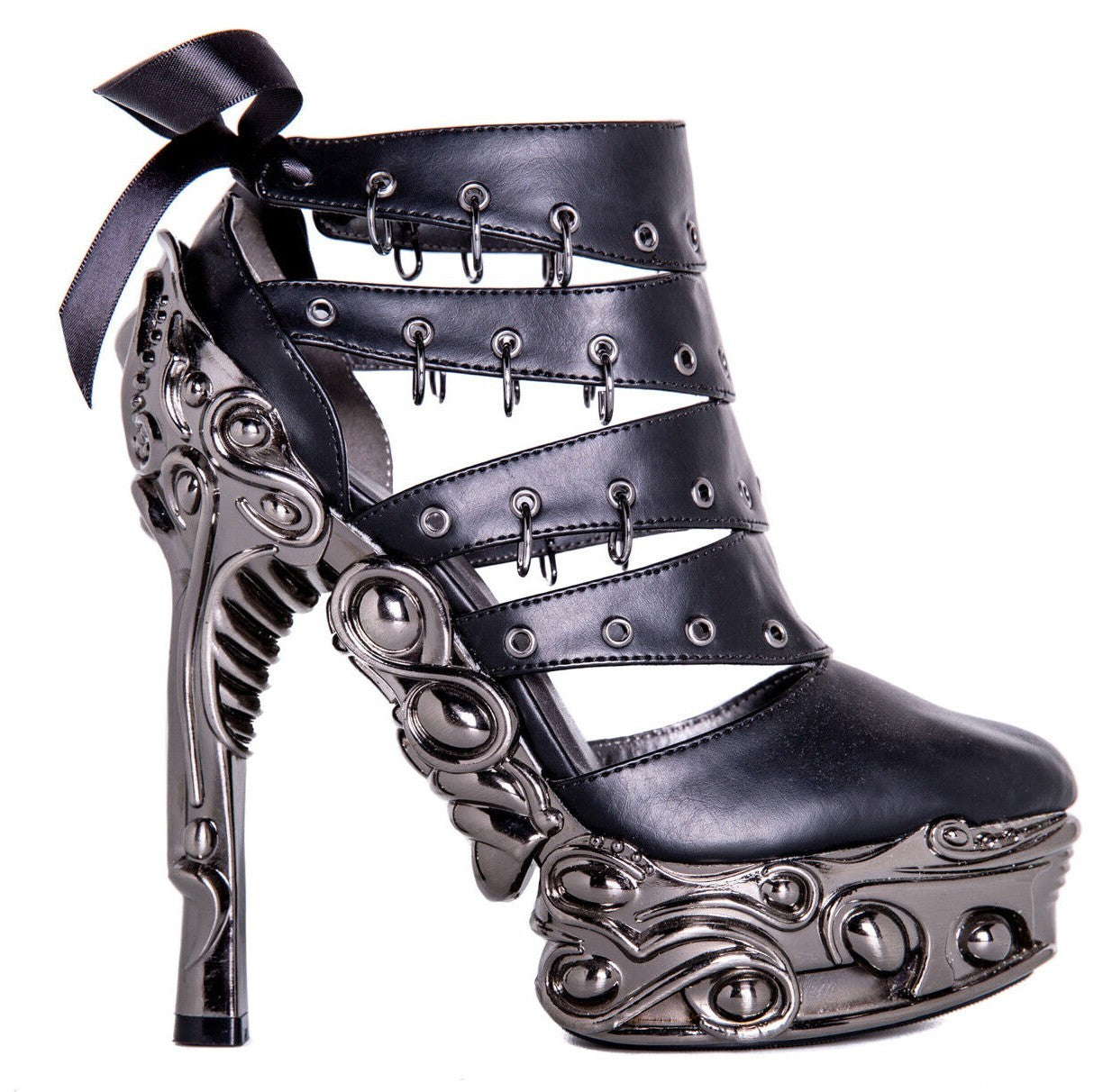 Hades KATO Black Peekaboo Booties 6" High Ornate Chrome Heels 6-11