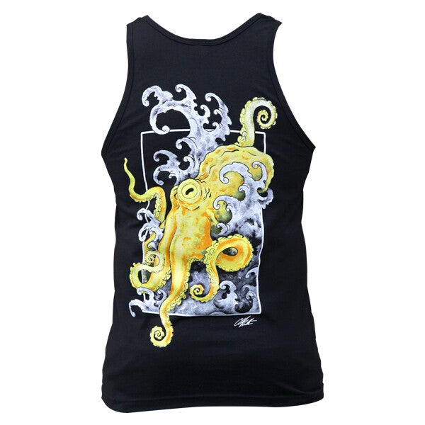 Black tank top with a yellow octopus design on a white background