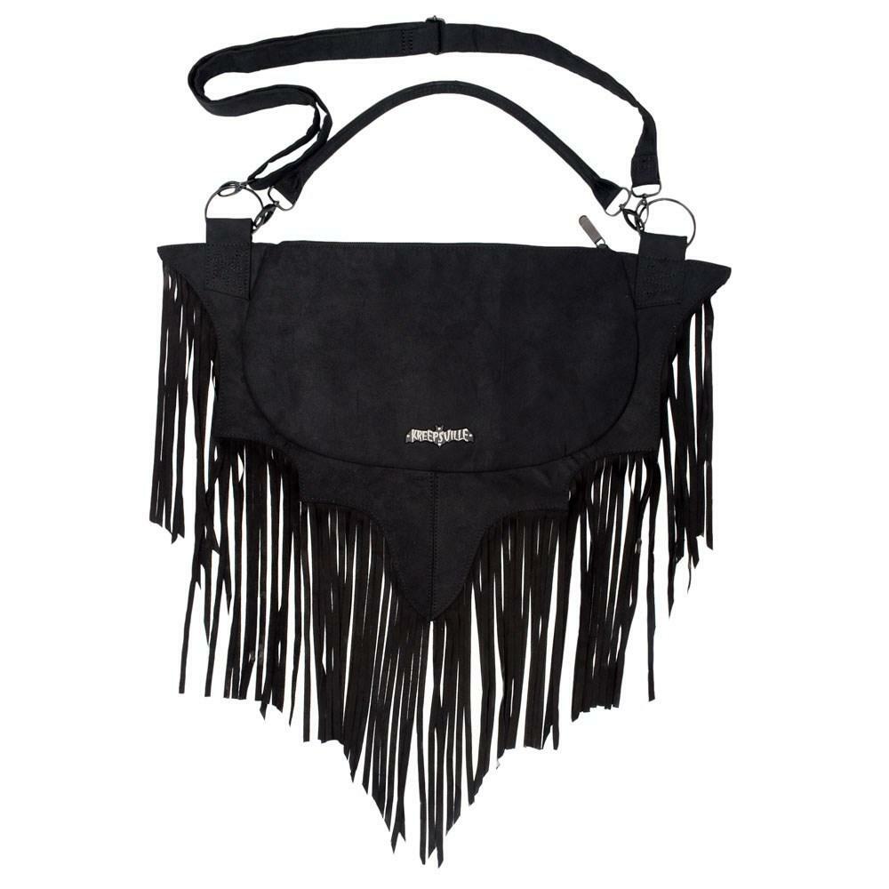Kreepsville 666 Bat Wing Fringe Large Shoulder Bag Purse Black Vegan Suede