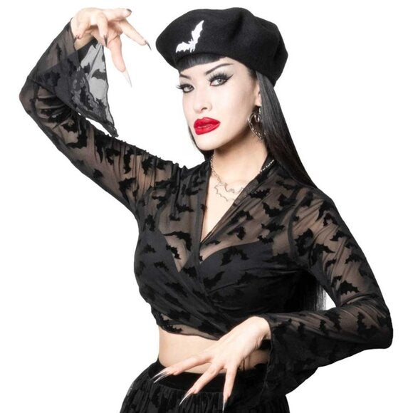 Kreepsville 666 Flocked Bats Mesh LS Tie Top