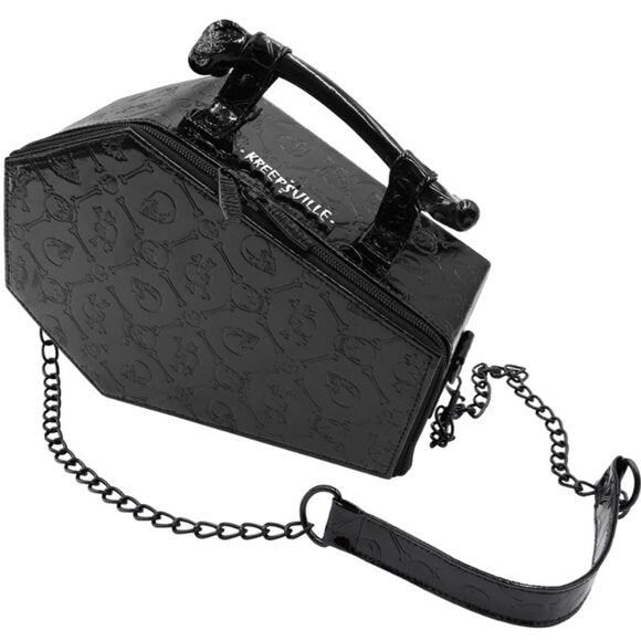 Kreepsville 666 Black Patent Skull Embossed Coffin Purse
