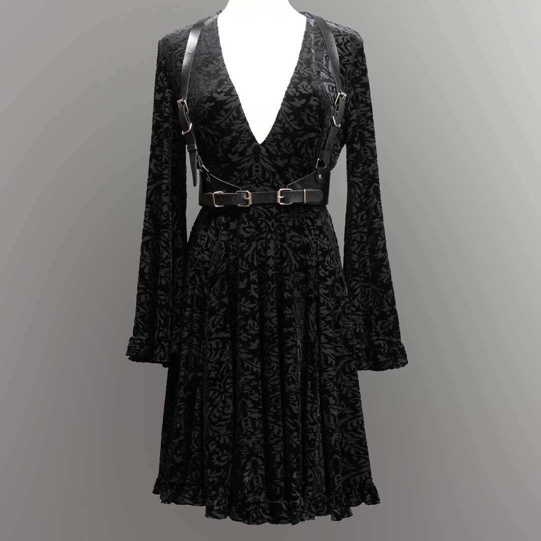 Witchwood Nyx Bell Sleeve Velvet Damask Dress + Harness