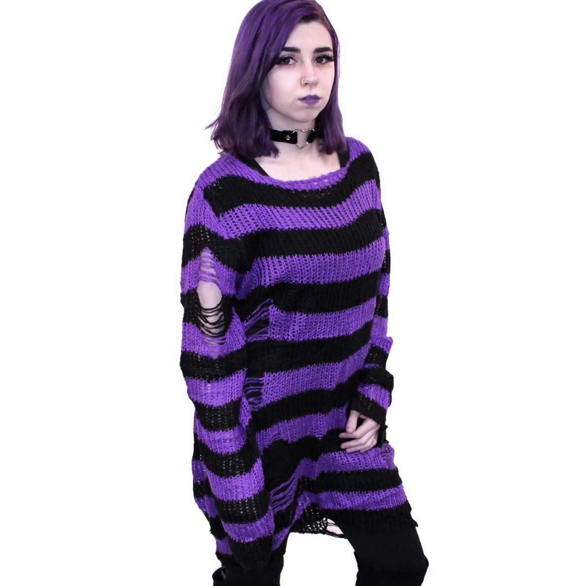 Witchwood Unisex Distressed Sweater Purple Black Stripe