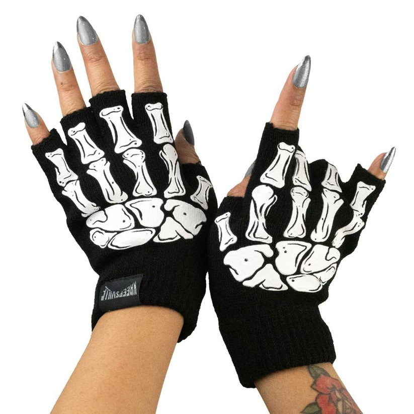 Kreepsville 666 Skeleton Black Fingerless Gloves 2 Sizes