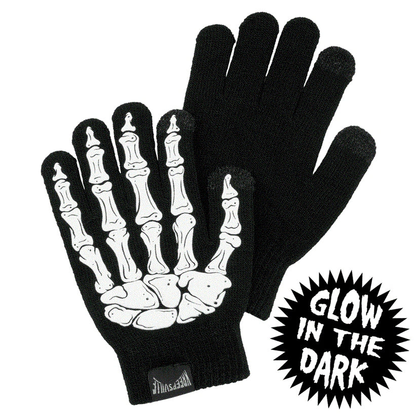 Kreepsville 666 Skeleton Black Glow in Dark Gloves 2 Sizes