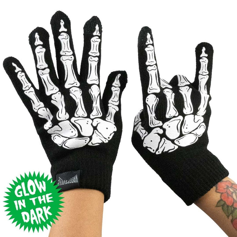 Kreepsville 666 Skeleton Black Glow in Dark Gloves 2 Sizes