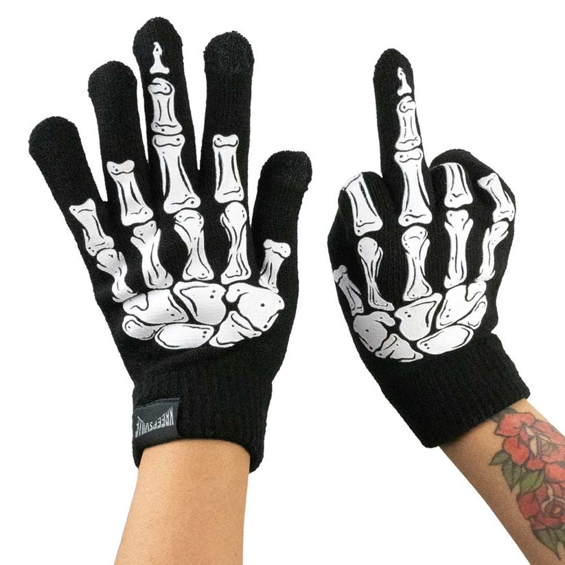 Kreepsville 666 Skeleton Middle Finger Black Gloves 2 Sizes