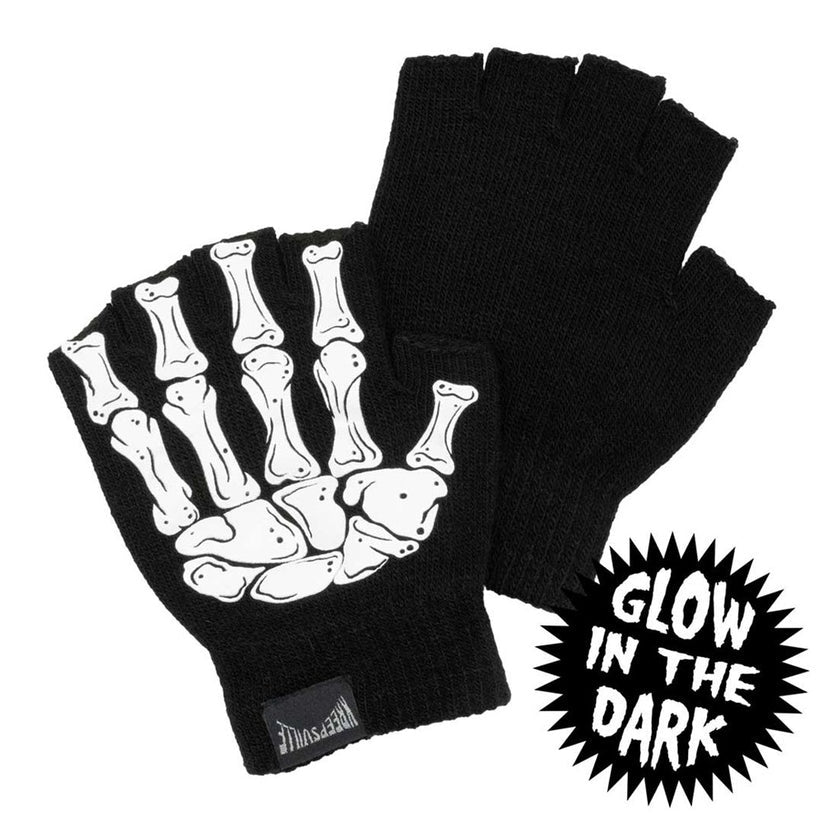 Kreepsville 666 Skeleton Black Glow in Dark Fingerless Gloves 2 Sizes