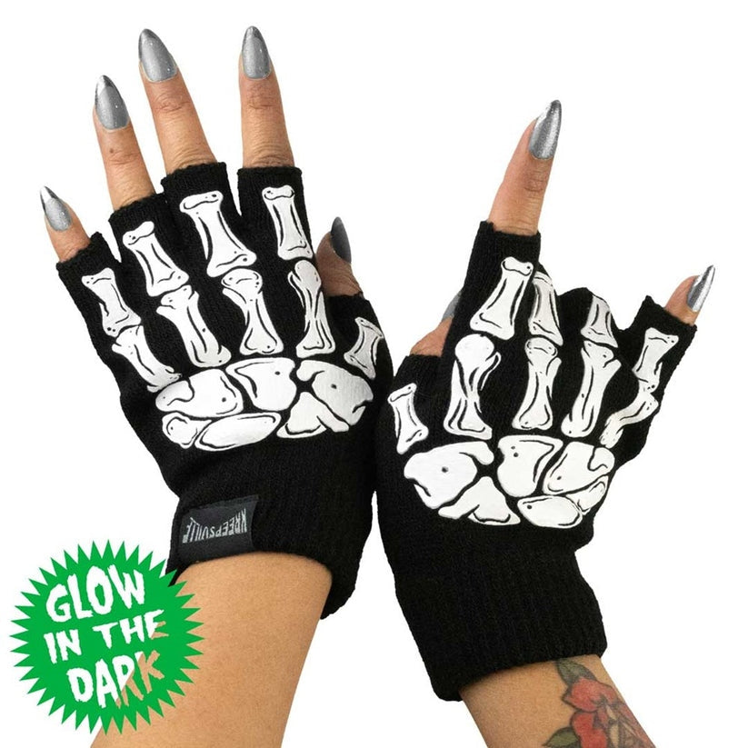 Kreepsville 666 Skeleton Black Glow in Dark Fingerless Gloves 2 Sizes