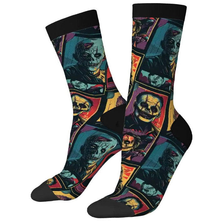 Colorful socks with abstract designs on a white background