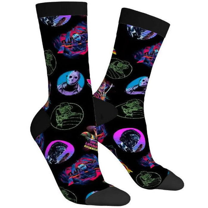 Black socks with colorful graphic designs on a white background