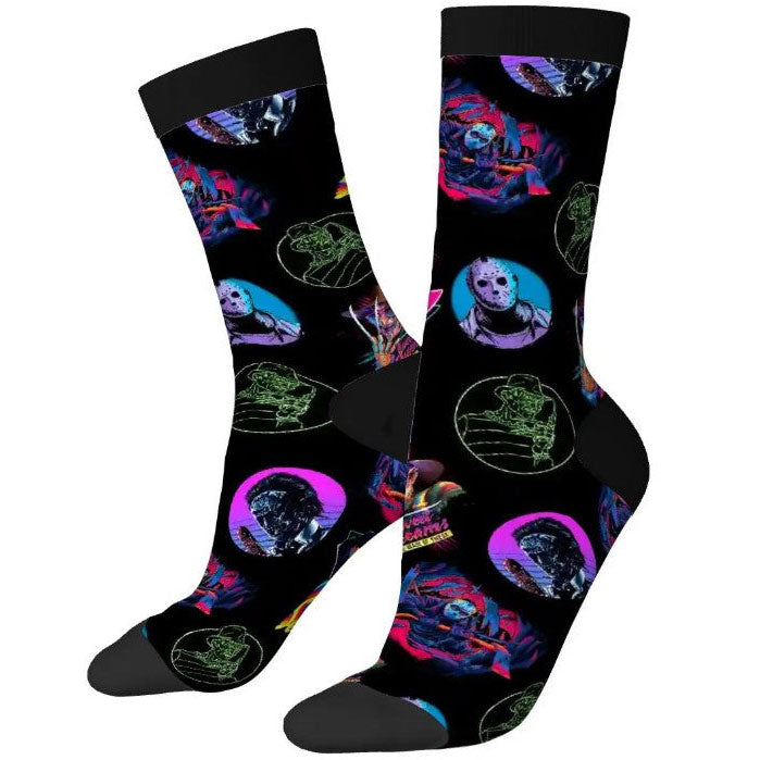 Black socks with colorful graphic designs on a white background