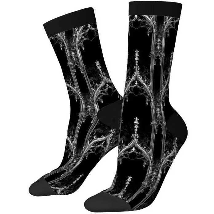 Black socks with intricate white patterns on a white background