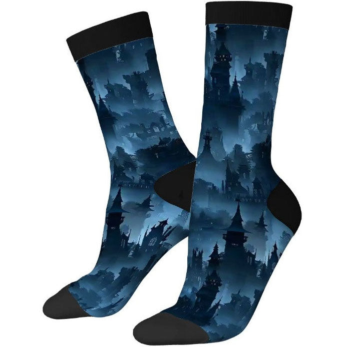Pair of socks with a dark blue castle silhouette pattern on a white background