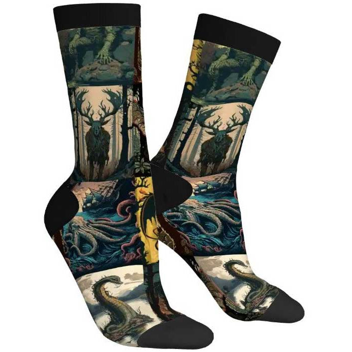 Pair of socks with fantasy design featuring deer, snakes, and other elements on a white background