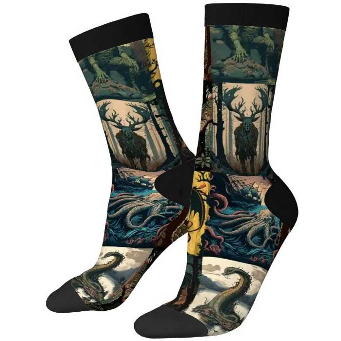 Pair of socks with fantasy design featuring deer, snakes, and other elements on a white background