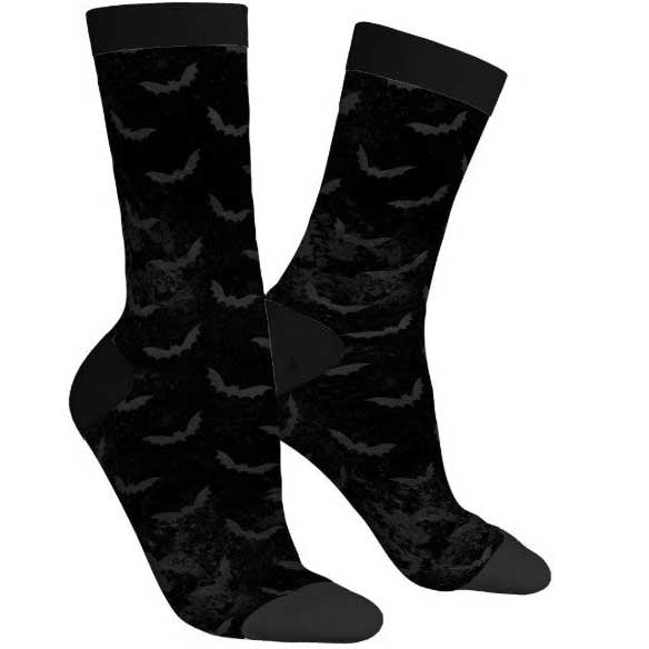 Black socks with a bats pattern on a white background