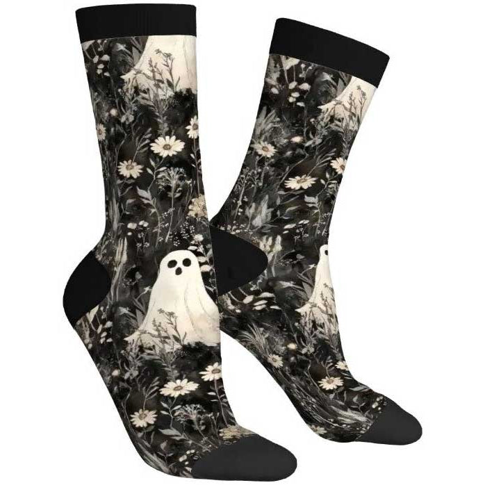 Pair of socks with ghost and floral design on a white background