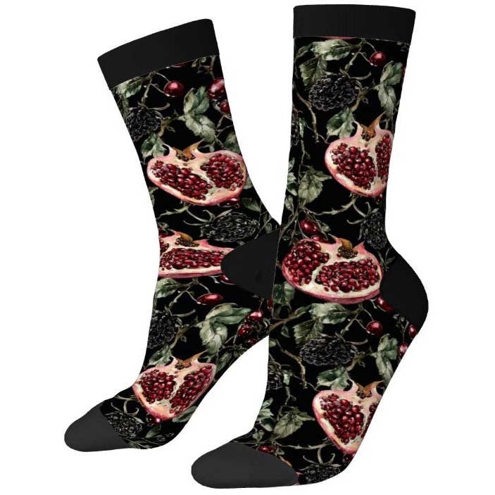 Socks with pomegranate design on a black background