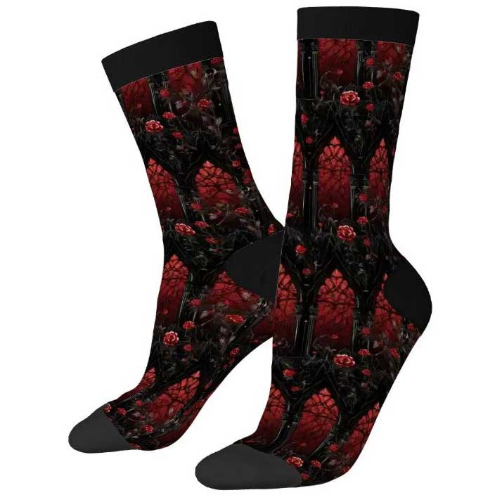 Black socks with red floral pattern on a white background