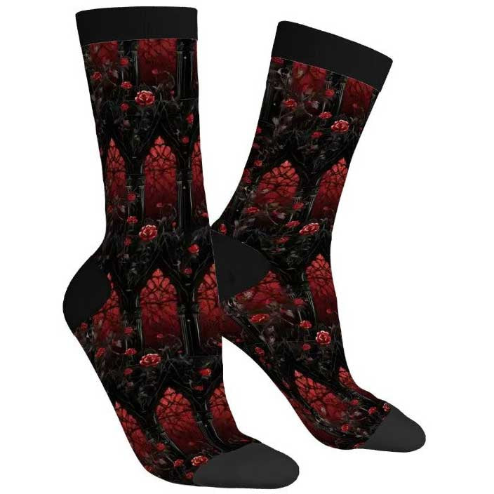 Black socks with red floral pattern on a white background