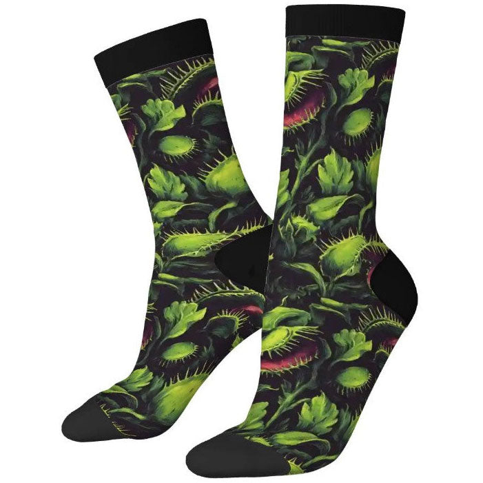 Socks with carnivorous plant design on a white background