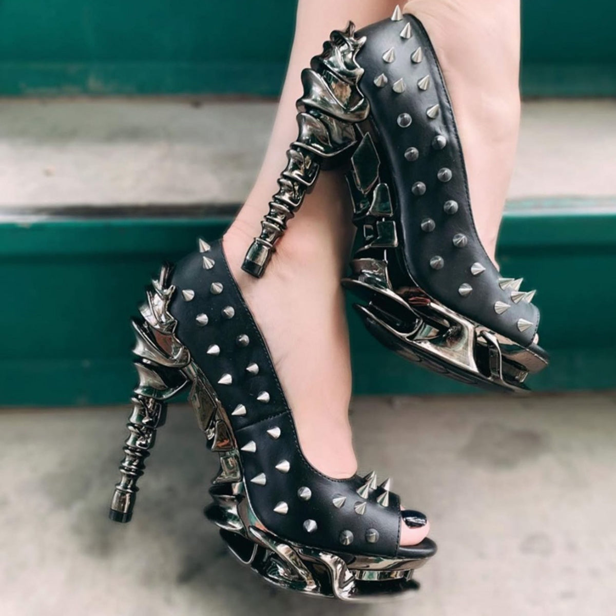 Hades TALON Black Spiked Stud 5" High Spinal Chrome Heels Peep Toe 6-11
