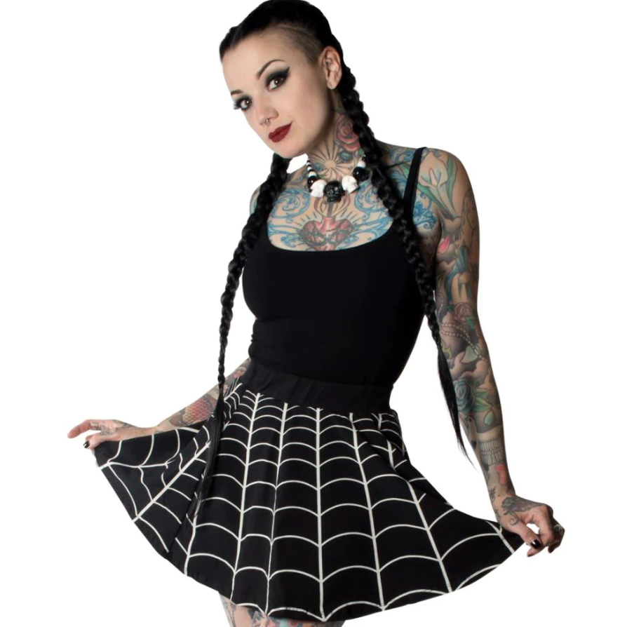 Kreepsville 666 Black White Spiderweb Skater Skirt